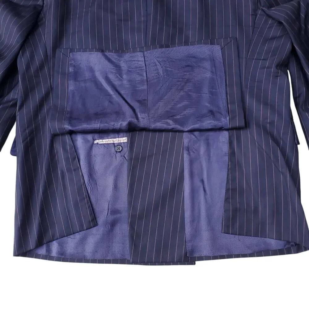 Joseph Abboud 2 Pc Suit Double Breasted Wool Navy Blue Pink Pinstripe 48R 40x28